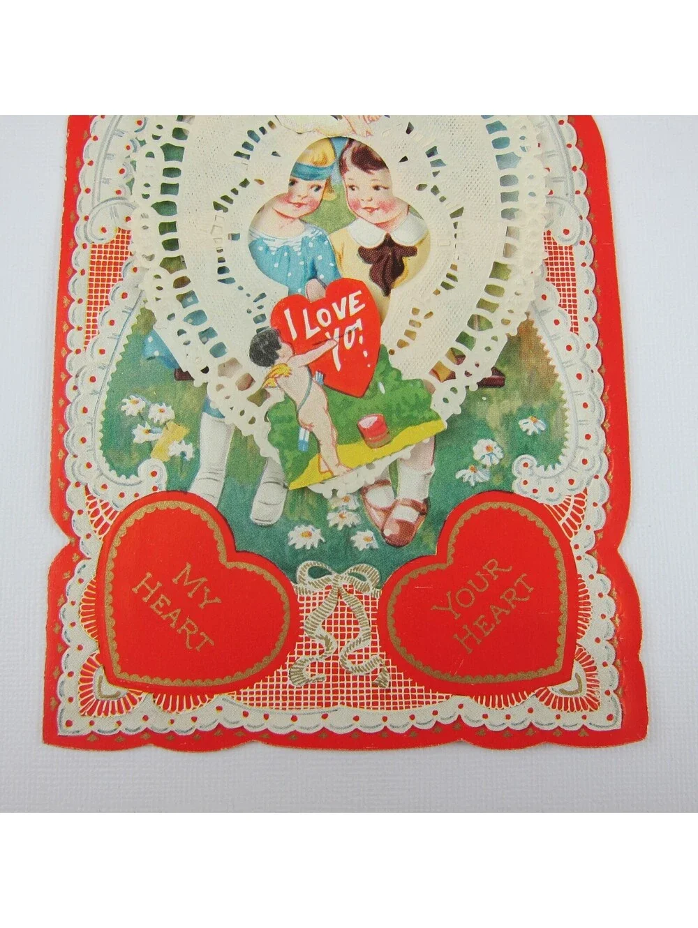 Antique Valentine Blonde Girl Blue Dress Boy Swing Cupid Daisy Flowers UNSIGNED